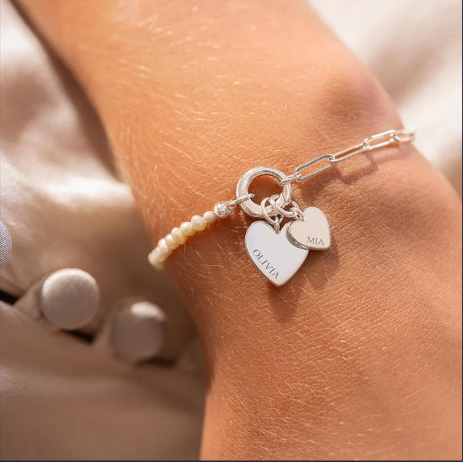 Personalized Heart Charm Pearl & Chain Bracelet