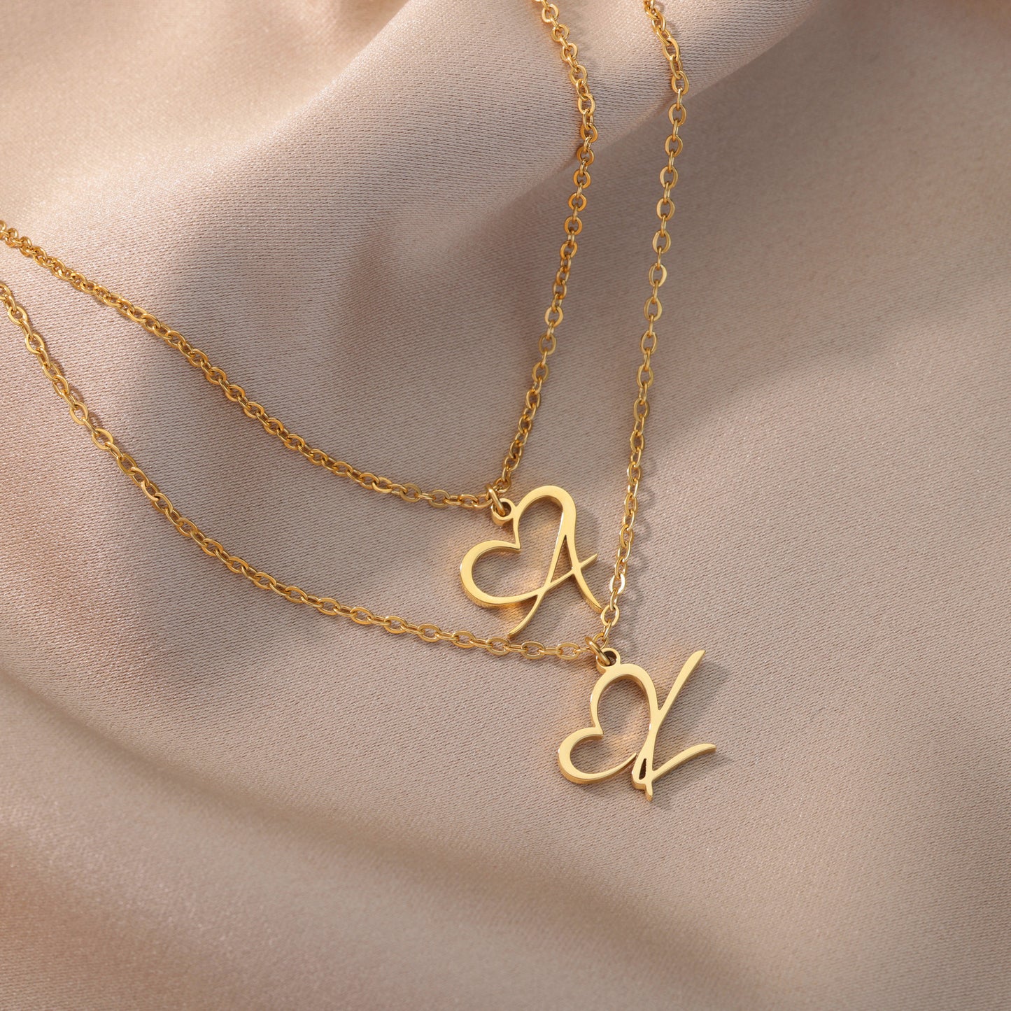 Gold Script Initial Necklace with Heart Accent – A to Z