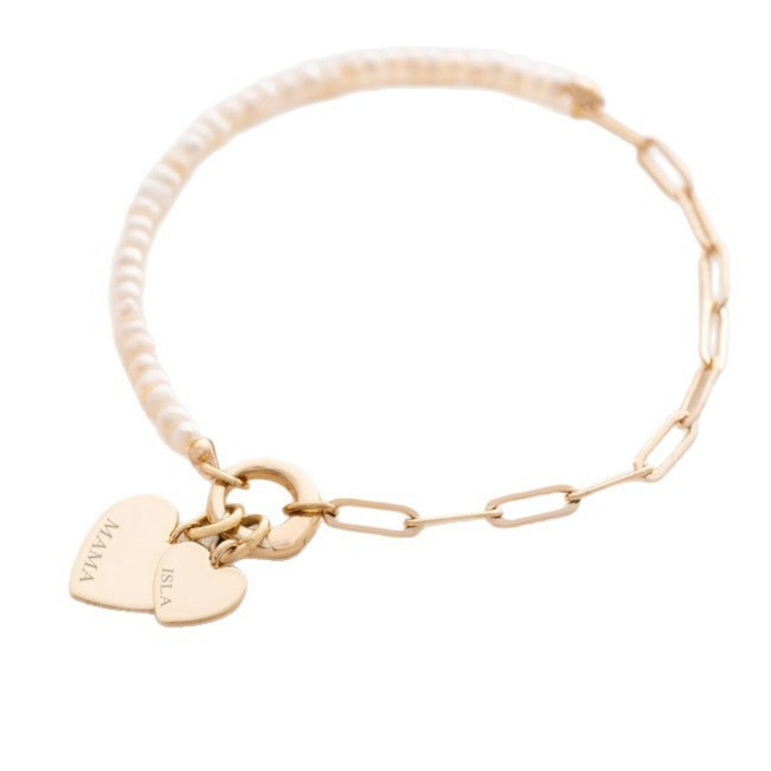 Personalized Heart Charm Pearl & Chain Bracelet