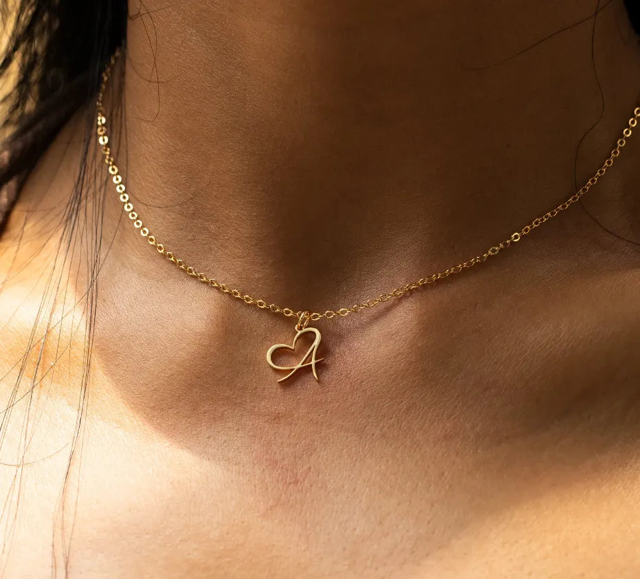 Gold Script Initial Necklace with Heart Accent – A to Z