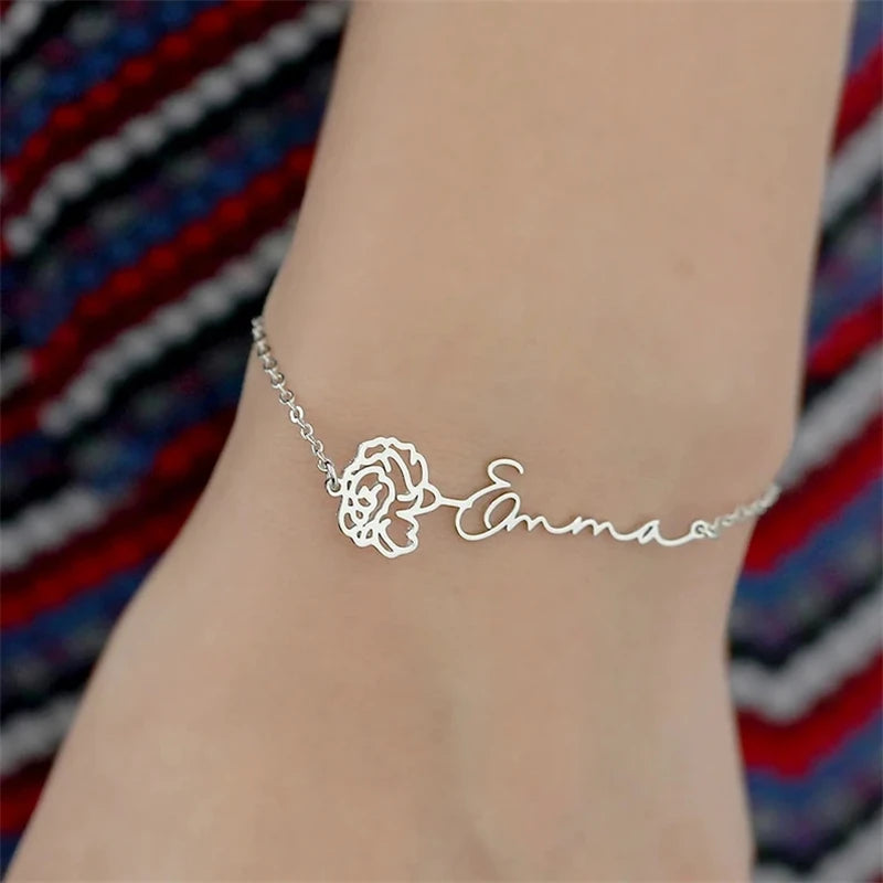 Personalized Birth Flower Name Bracelet