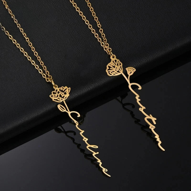 Birth Flower Name Necklace – Personalized Floral Pendant