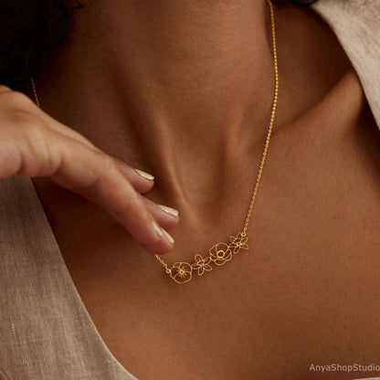 Dainty Birth Flower Custom Bouquet Necklace – Pick 4 Flowers