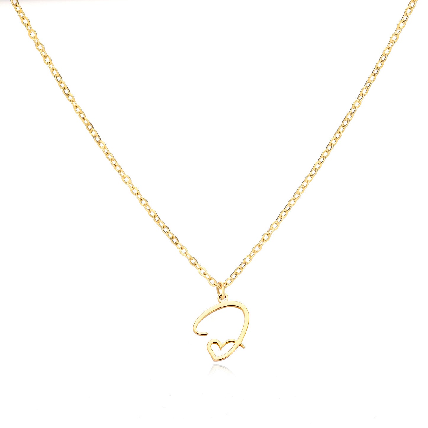 Gold Script Initial Necklace with Heart Accent – A to Z