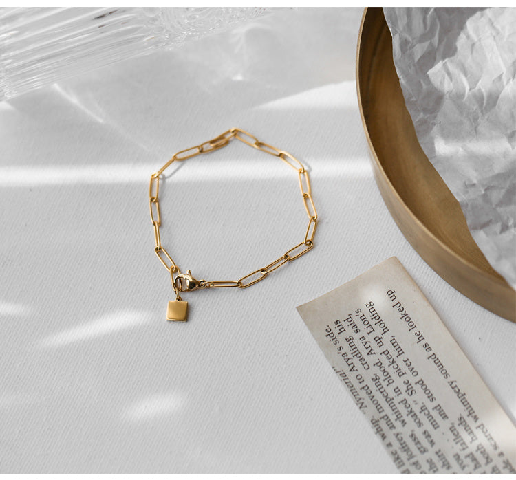 Minimalist Gold Link Bracelet with Square Charm