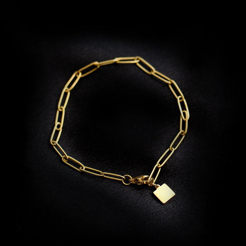 Minimalist Gold Link Bracelet with Square Charm