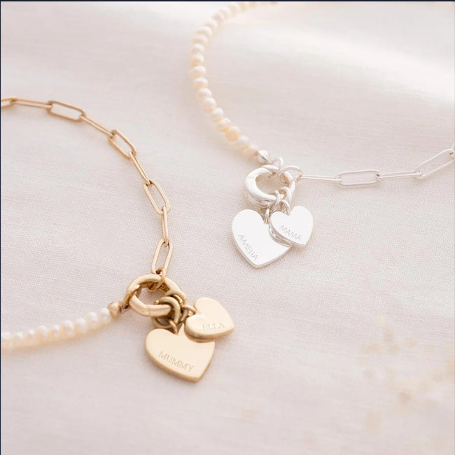 Personalized Heart Charm Pearl & Chain Bracelet
