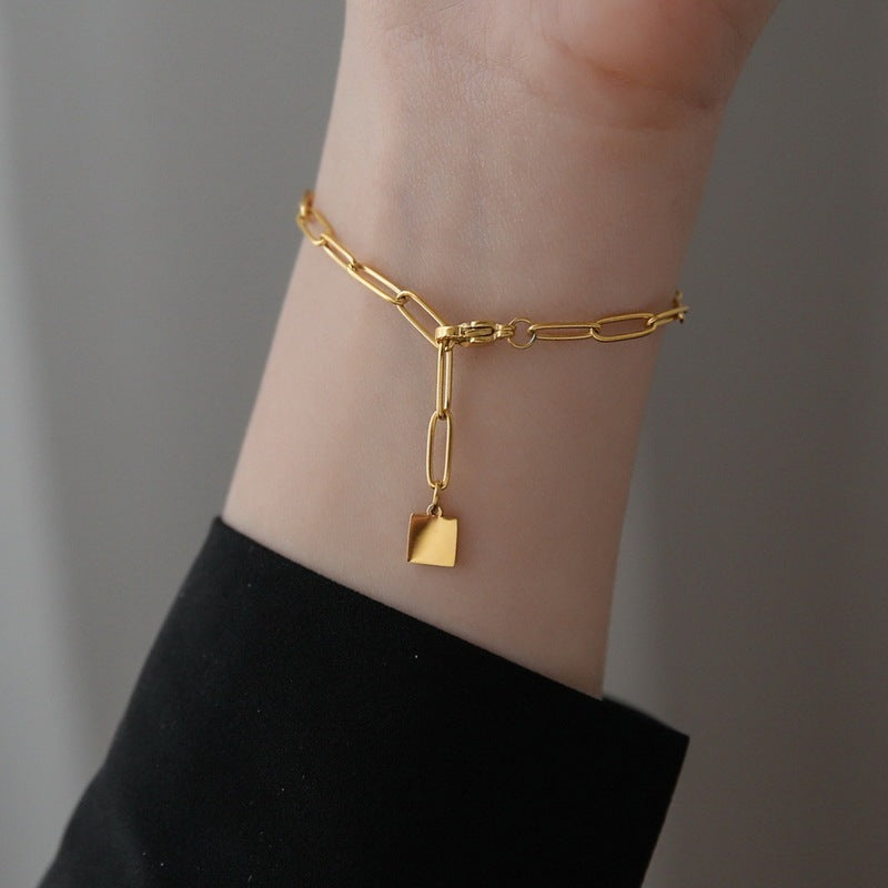 Minimalist Gold Link Bracelet with Square Charm