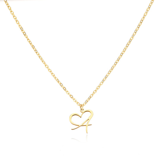 Gold Script Initial Necklace with Heart Accent – A to Z