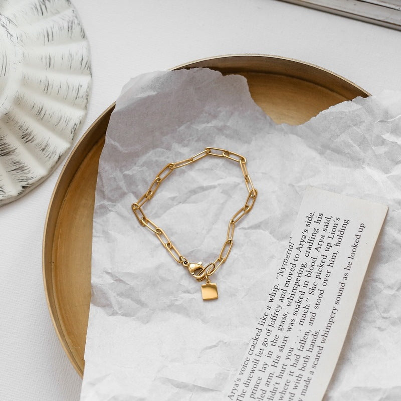 Minimalist Gold Link Bracelet with Square Charm