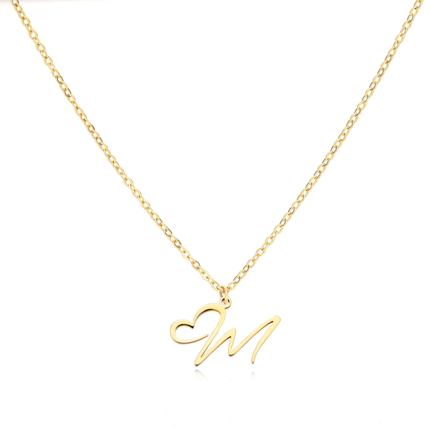 Gold Script Initial Necklace with Heart Accent – A to Z